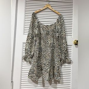 NWT  Express Animal Print Long Puff  Sleeve Smocked Body Mini Dress Size XLarge